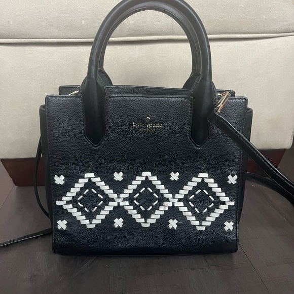 Kate Spade Flynn Street Small Meriwether Leather Satchel, Black/White - Picture 1 of 2